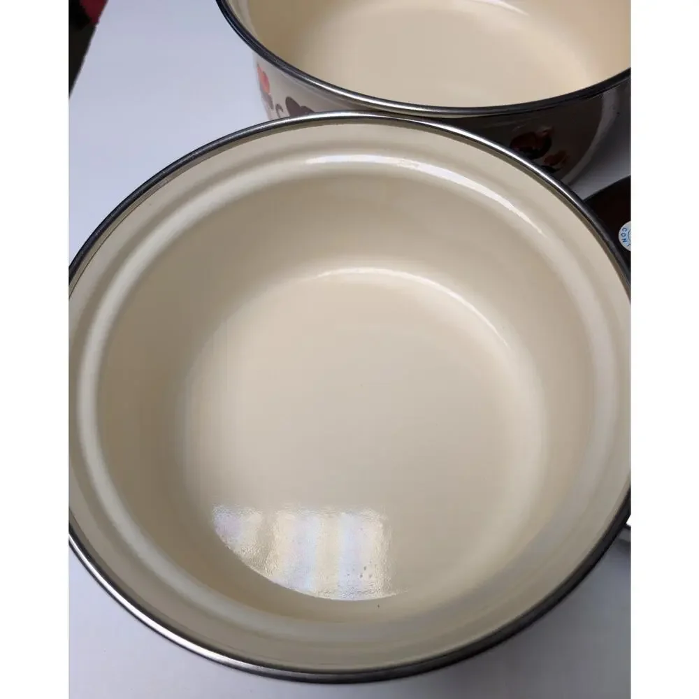 Vtg 70s Moneta Enamelware Pot Pan Set w/Lids 2 Cream Orange Brown Floral 6pc NEW